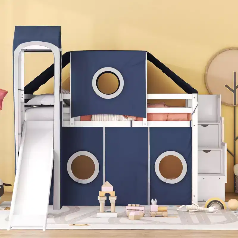 Whisen Twin Size Loft Bed with Tent and Tower