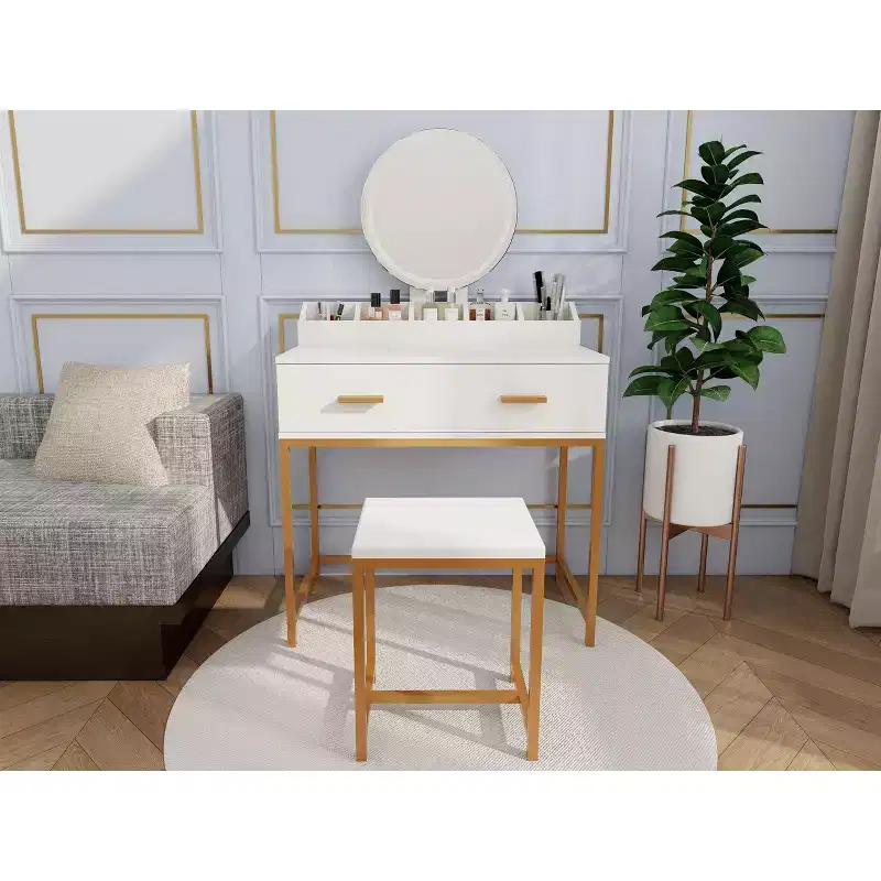 Modern Girls Vanity with Metal Legs and Round Mirror, Makeup Vanity with Cushioned Stool, Makeup Table for Small Bedroom, Ancient White