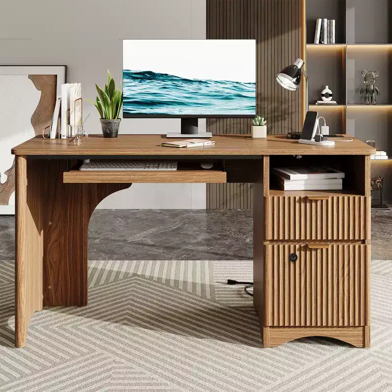 Bestier 55 Smart Computer Desk, Oak Writing Desk with File Drawers and Power Outlet, Executive Office Desk with Open Storage and Keyboard Tray