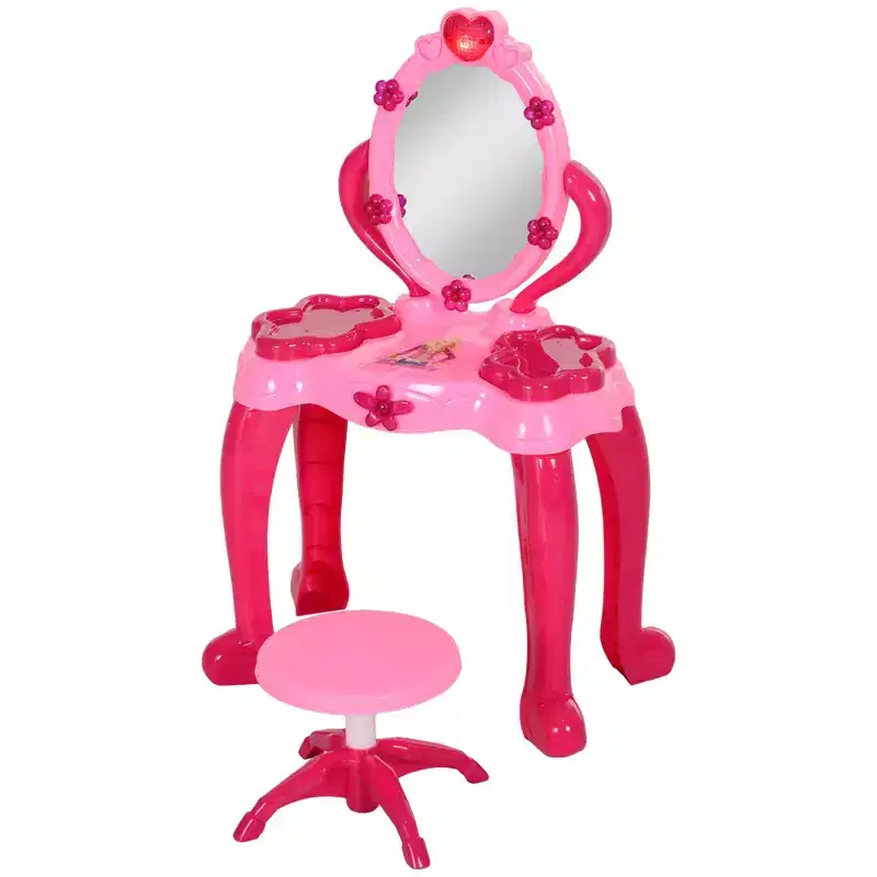 Kids Vanity Table Set with Light-Up Mirror Stool and 15 Accessories Pink