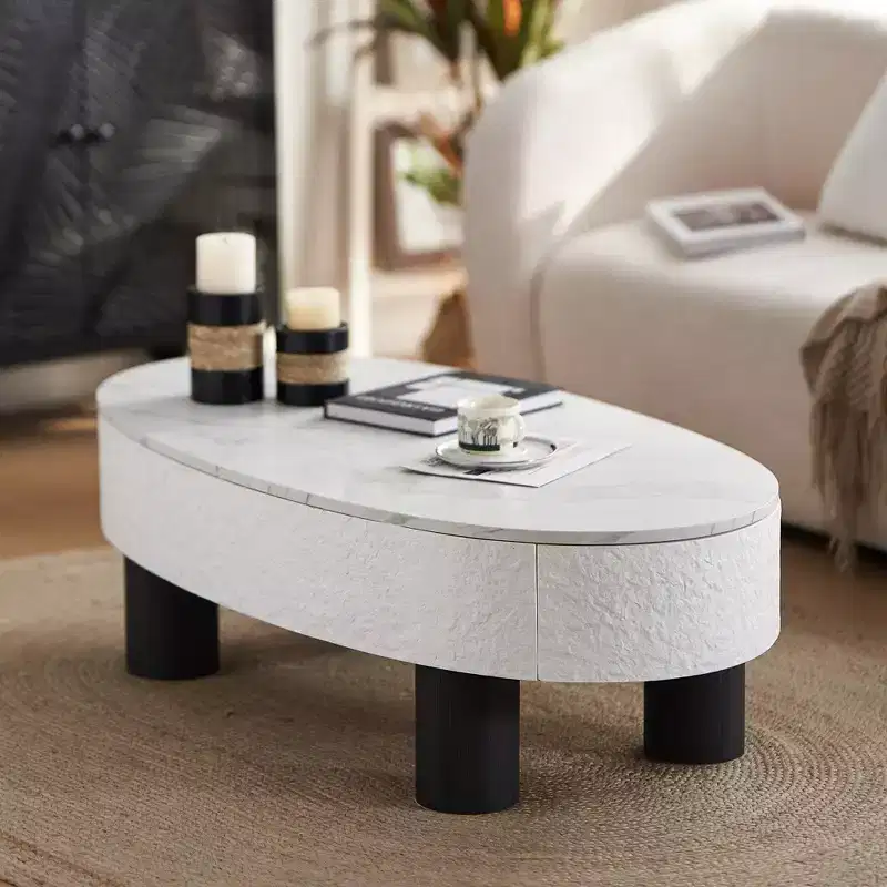 Oval Coffee Table, Marble-Look Top, Mid-Century Modern, Hidden Drawer & Storage, for Living Room Bedroom Office