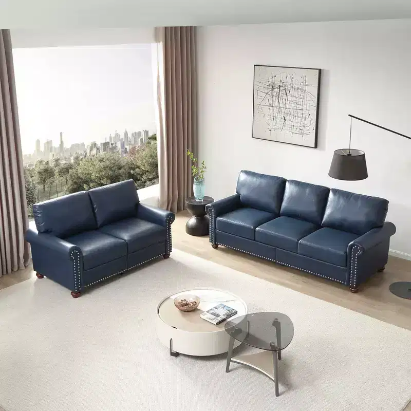 MAYEERTY 2 Pieces Sectional Faux Leather Sofa with Storage Silver Nails for Living Room Navy Blue