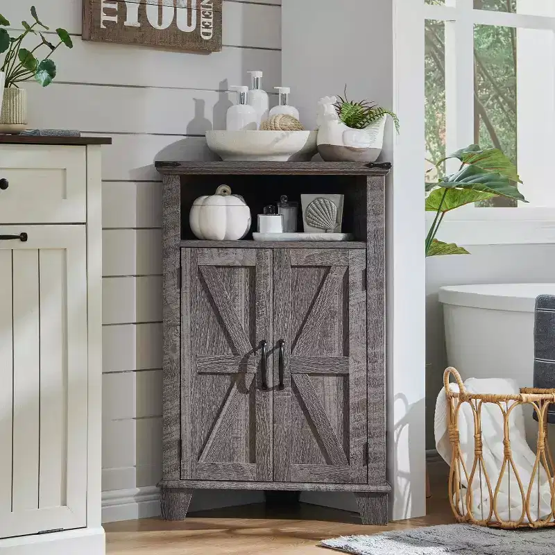 Corner Bathroom Cabinet, Farmhouse Small Corner Cabinet with Barn Door