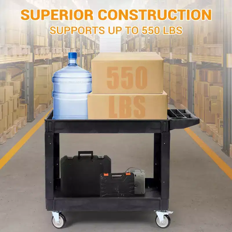 2-Tier Utility Service Cart, 550LBS Tool Cart with Wheels, Multipurpose Mobile Storage Organizer, for Warehouse, Workshop, Garage