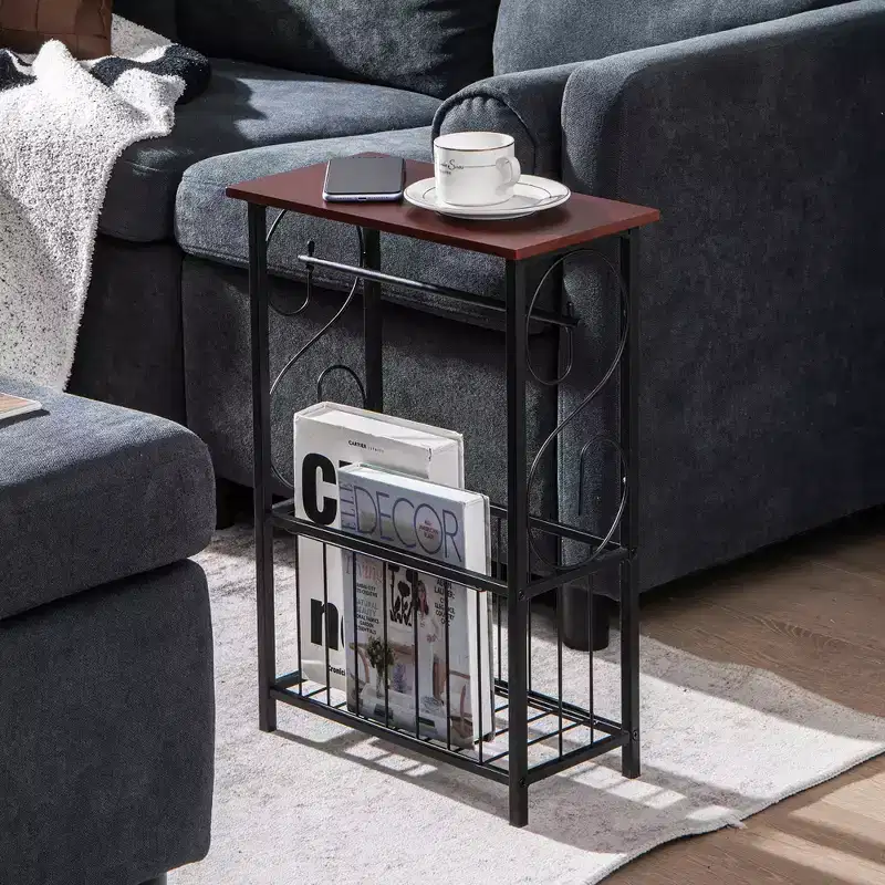 Narrow Side Table with Removable Paper Holder and Storage Basket for Living Room or Bathroom