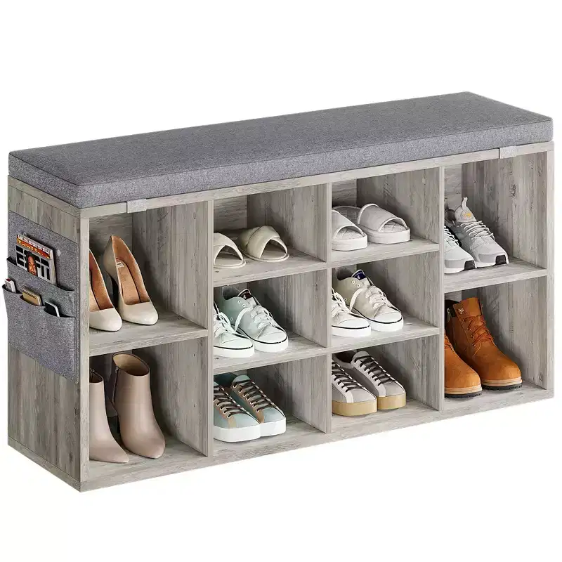 Entryway Shoe Bench with Storage & Cushioned Seat | Wooden Shoe Rack Organizer with Adjustable Shelves & Side Pockets, Gray