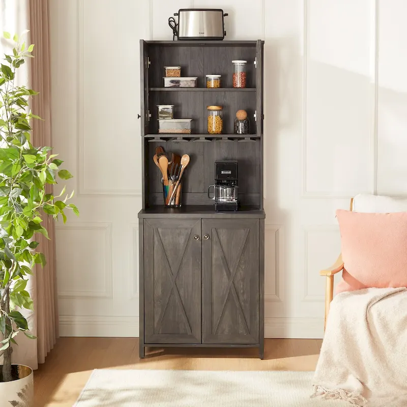 Coffee Bar Cabinet with Microwave Stand Metal Frame Side Home Source Bar Cabinet Cabinet and Hollow out Barn Design Wood Cabinet