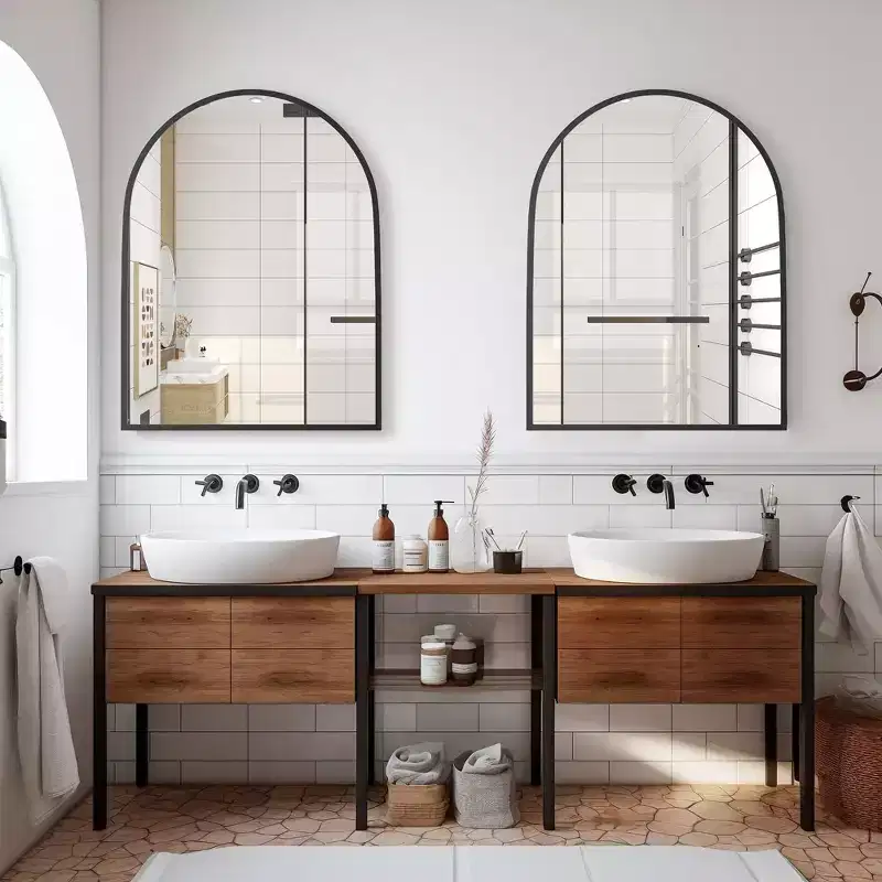 2 Pieces 39 In.H X 30 In.W Aluminum Alloy Fine Edged Right Angled Arch Black Hanging Mirror Frame Wall Mirror