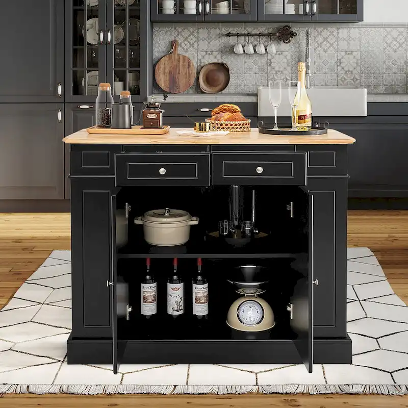 Gymax Large Kitchen Island Drop Leaf Breakfast Bar w/ Wood Top Shelves