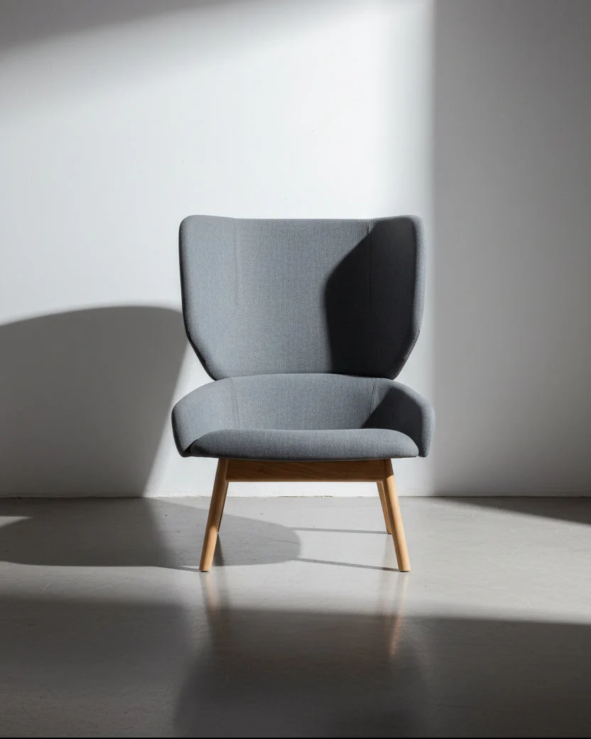 Modern Grey Fabric Wingback Lounge Chair with Wood Legs for Living Room