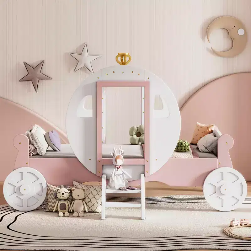 MAYEERTY Twin Size Princess Carriage Bed with Crown Wood Platform Car Bed with Stair for Bedroom White Pink