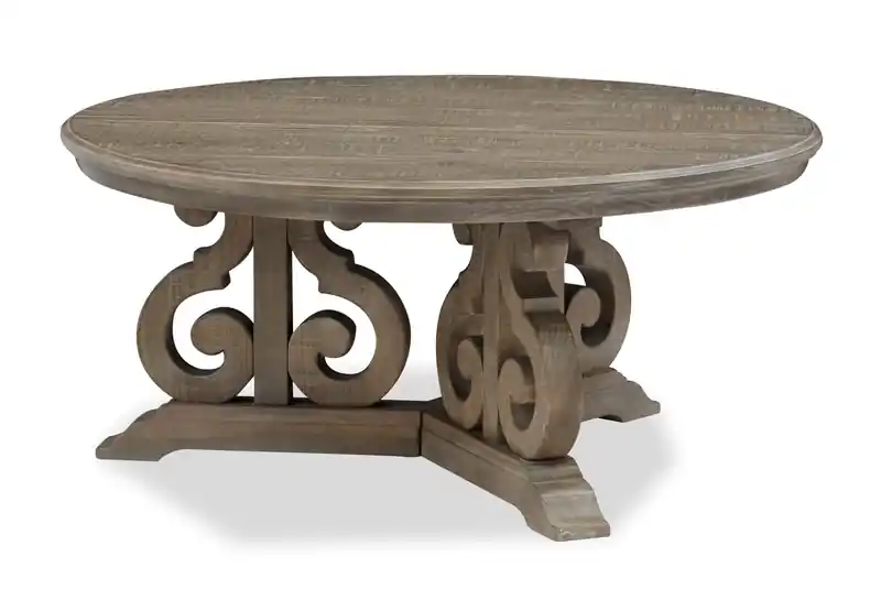 40 Traditional Round Coffee Table - Grey-Brown Pine with Scroll Design Base