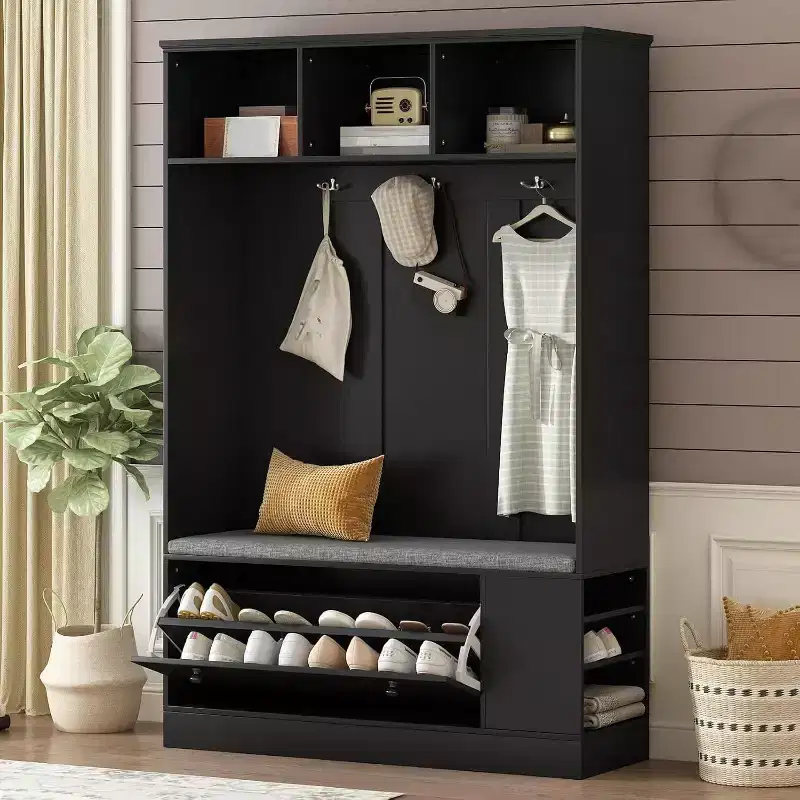 Modern Hall Tree Bench, 3 Hooks & Shoe Storage Combo, 5-in-1 Entryway Solution with Comfortable Cushion for Home Organization