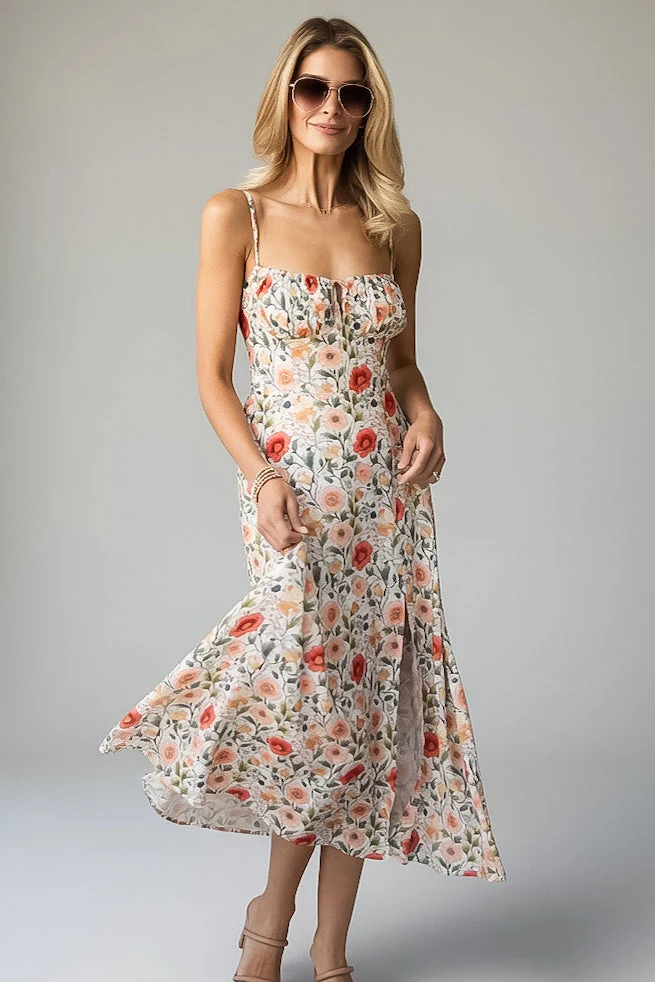 Cream Floral Sweetheart Spaghetti Strap Maxi Dress