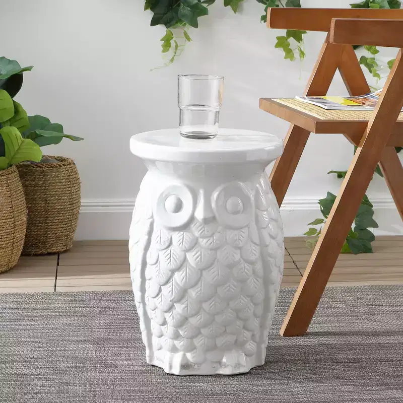 JONATHAN Y Groovy Owl 17.5 Ceramic Garden Stool/Accent Table, White