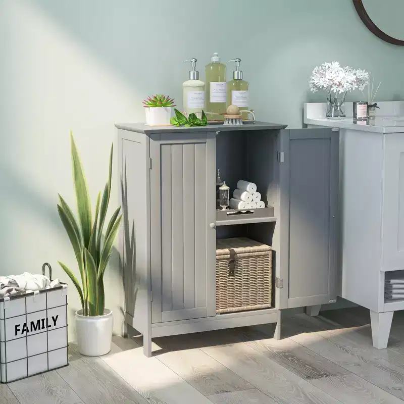 Bathroom Floor Storage Cabinet, Modern Grey, Double Door with 2 Shelves