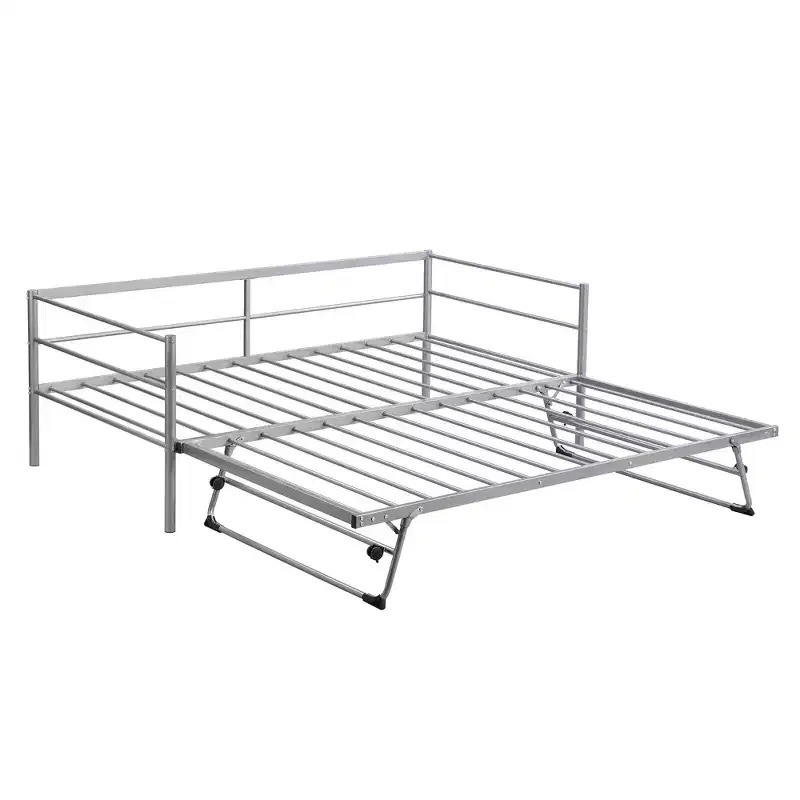 Bellemave Silver Twin Daybed Metal Day Bed Frame with Pop Up Trundle, Metal Sofa Bed with Adjustable Folding Trundle for Bedroom, Living RoomWhite