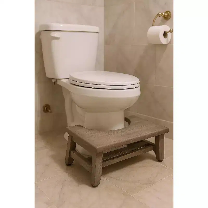 HomeRoots 8 Gray Solid Teak Bathroom Toilet Stool