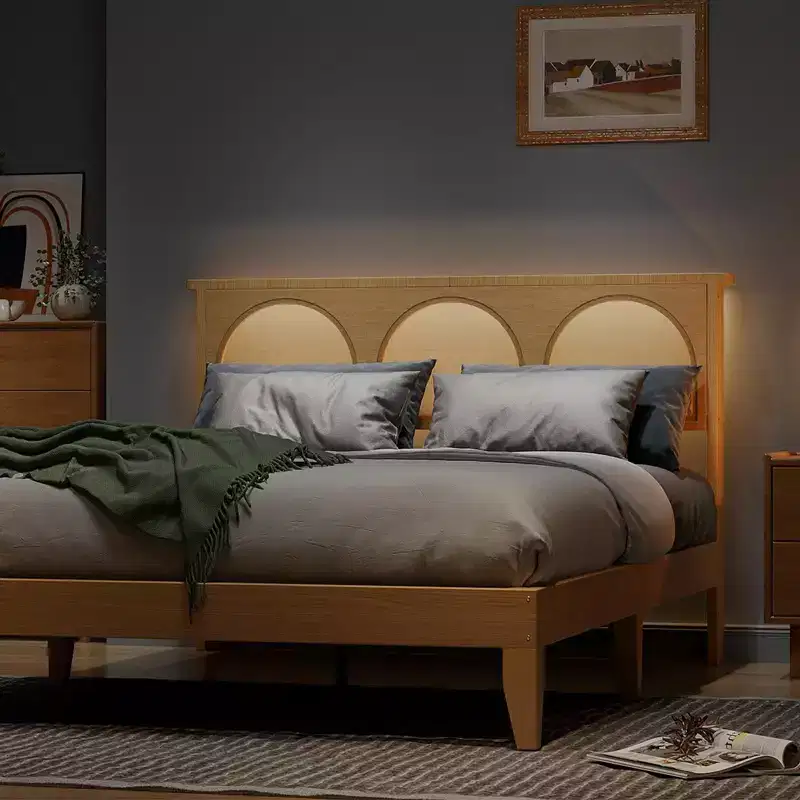 Solid Wood Bed Frame with Rattan Headboard and LED Lights
