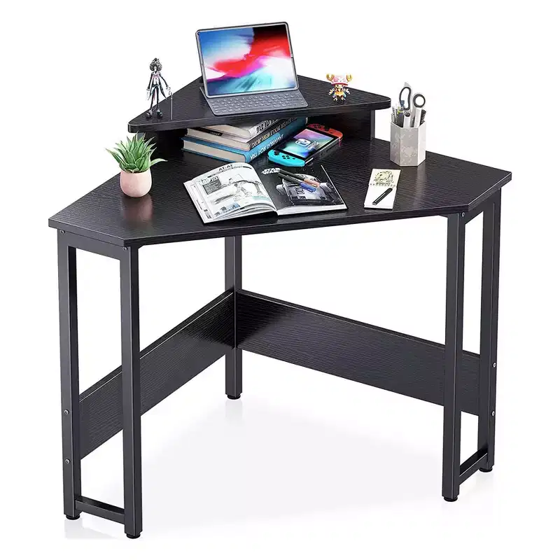 ODK B01XS01379-1 Modern Wooden Triangle Corner Fit Computer Workstation Desk with Durable Steel Frame and Raised Monitor Stand, White