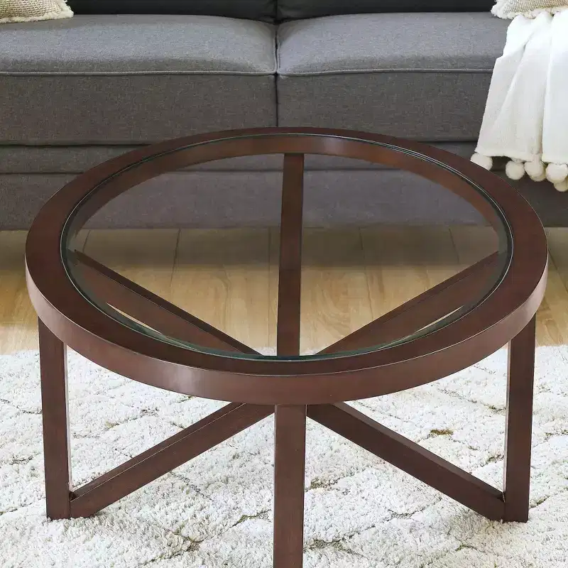 Okak Round Glass Coffee Table, Modern Simple Design, Solid Wood Base, Clear Tempered Glass Top, Living Room Terrace Study Table