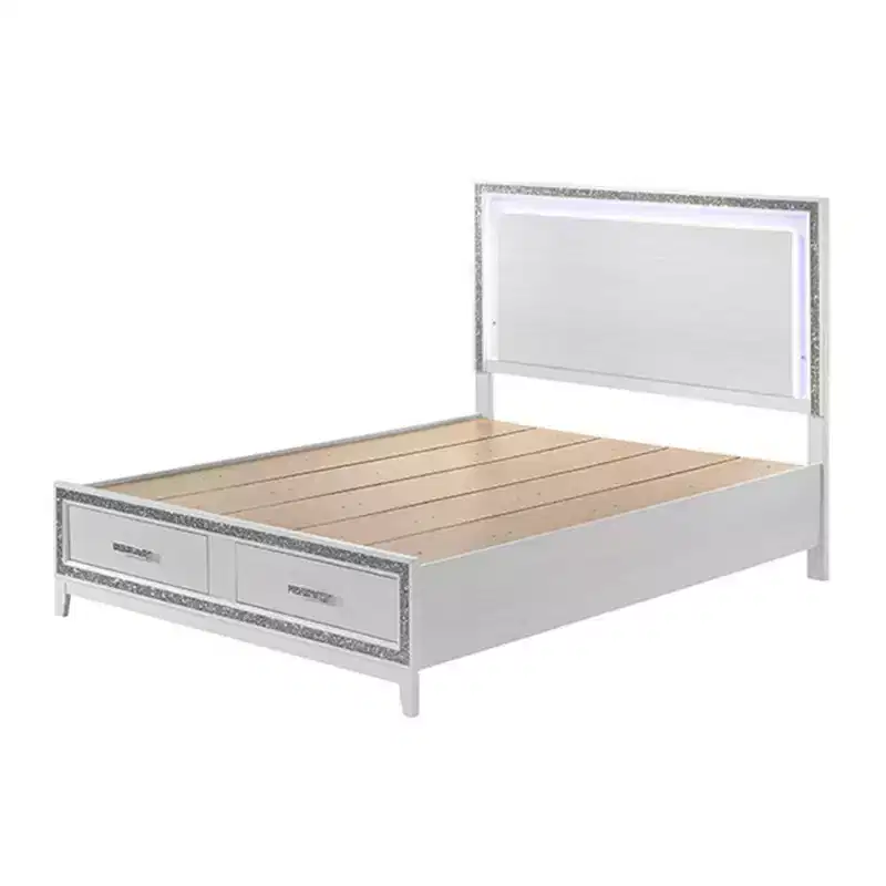 Acme Furniture 84 Eastern King Bed Haiden Bed White Finish: Faux Leather Upholstery, LED Light, Storage Drawer