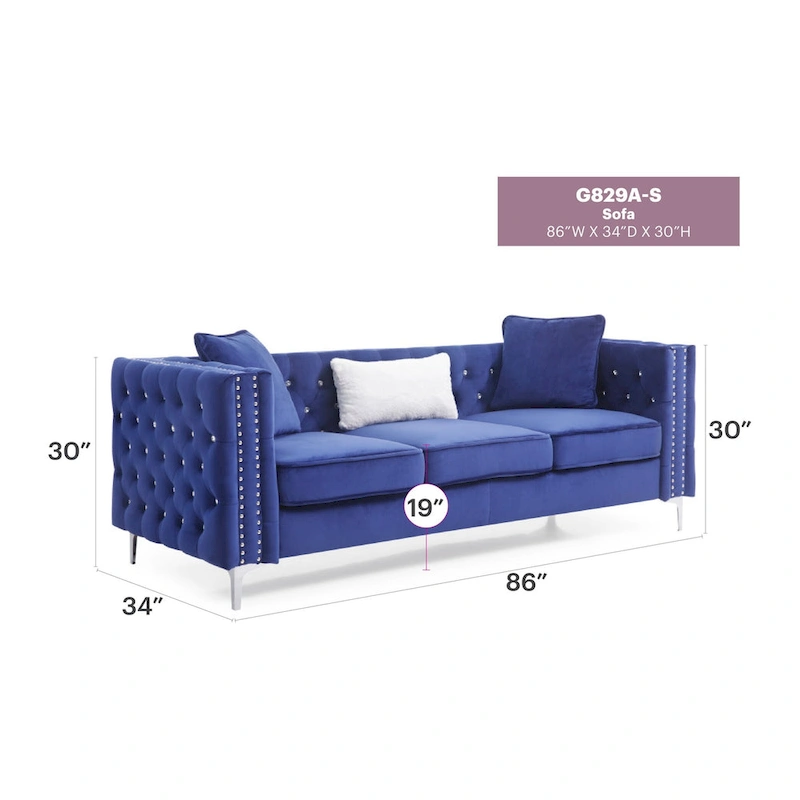 Paige 86 in. Tufted Velvet 3-Seater Sofa with 2-Throw Pillow - 86L x 34W x 30H