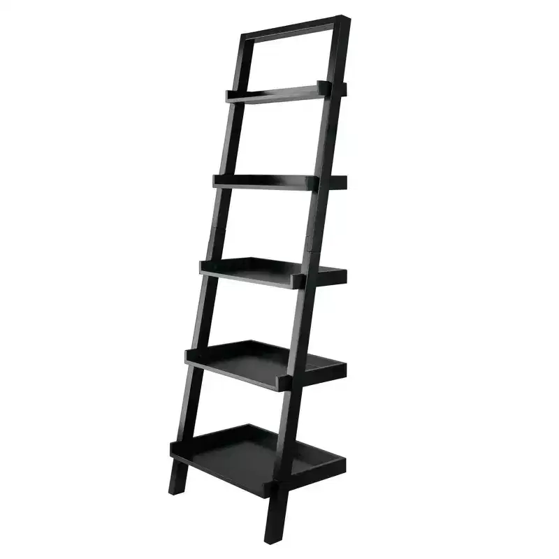Black 5-Tier Leaning Shelf – Contemporary Wood Bookcase for 1