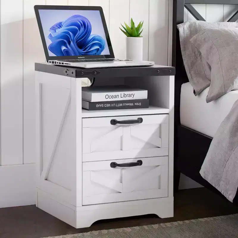 Farmhouse Nightstand -Night Stand White, Bed Side Tables Bedroom , Industrial White End Table, Sturdy Engineered Wood