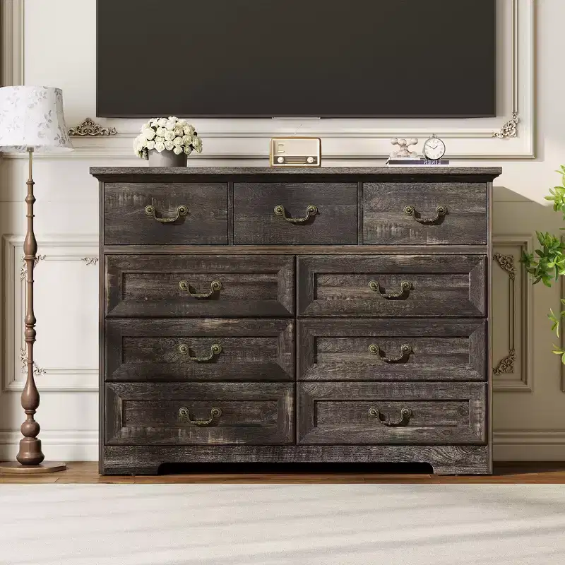 9-Drawer Farmhouse Dresser with Distressed Wood Finish