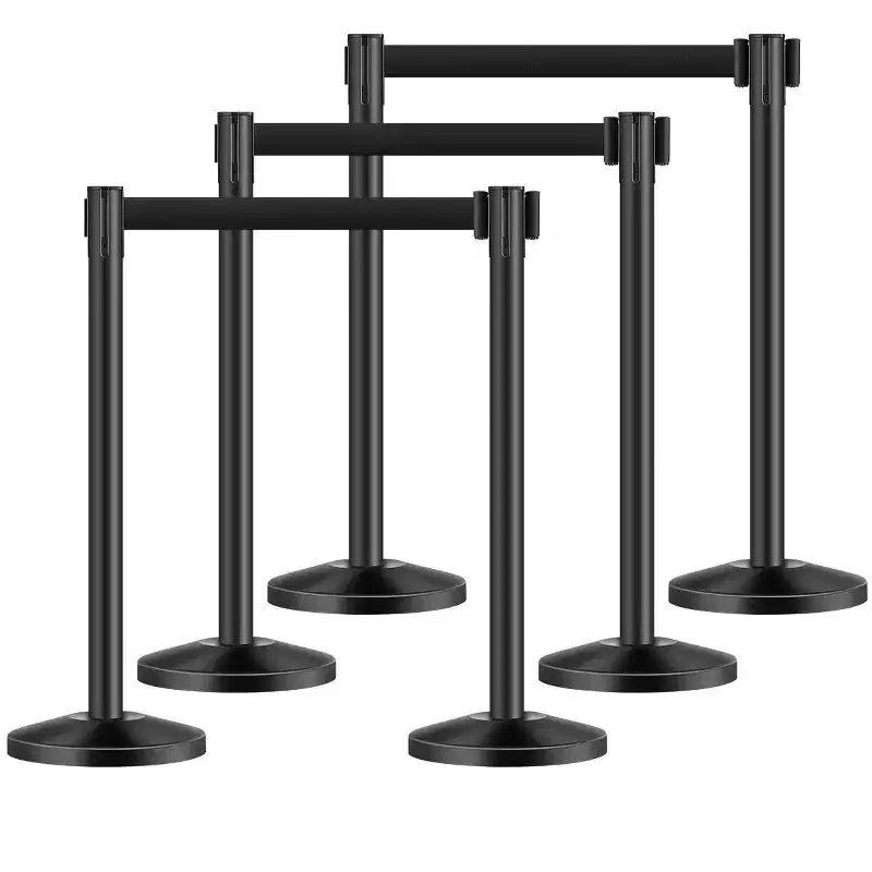 6-Pack Black Carbon Steel Stanchion Posts with Retractable Belts & Sand-Fill Base
