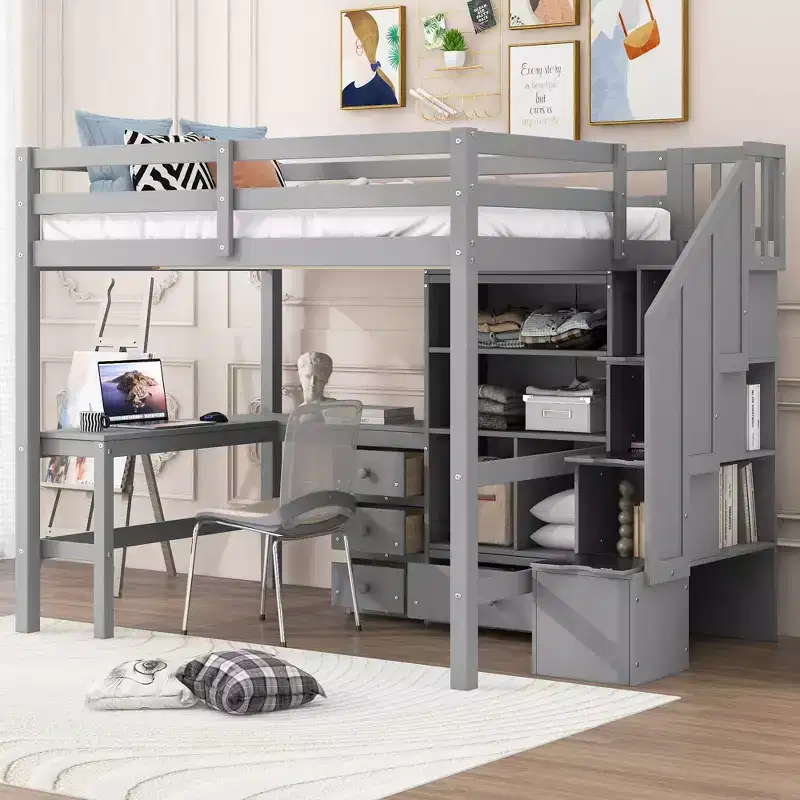 Clihome Full Size Loft Bed with L-Shaped Desk and Drawers, Cabinet and Storage Staircase