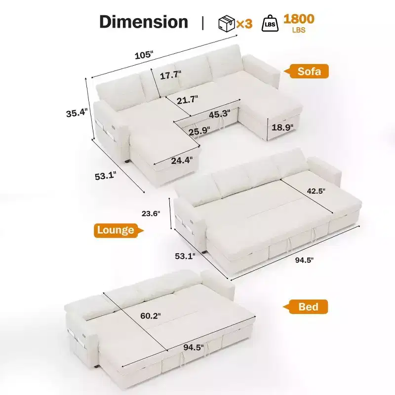 Dyonery 105-inch Four-Seat Pull-Out Sofa Bed with Storage, Side Pockets, Adjustable Backrest, Convertible