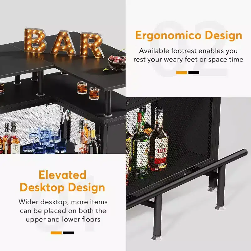 2-Tier L-Shaped Home Bar Unit – Stemware Racks, Open Shelves, Metal Mesh