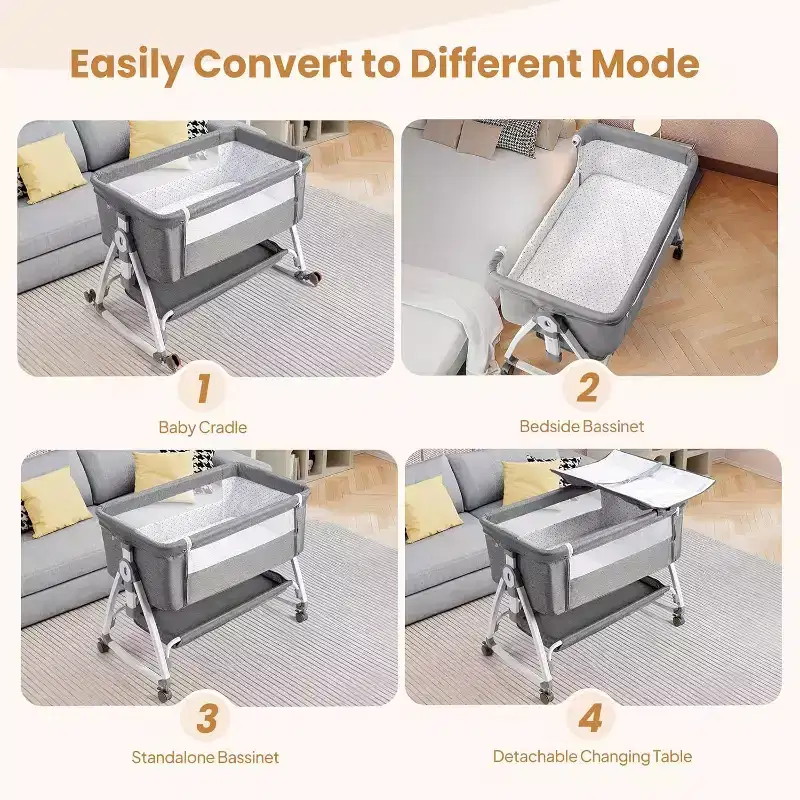 Baby Bassinet with Changing Table, Bedside Bassinet with Comfy Mattress and Wheels, 6 Height Adjustable, Easy Folding