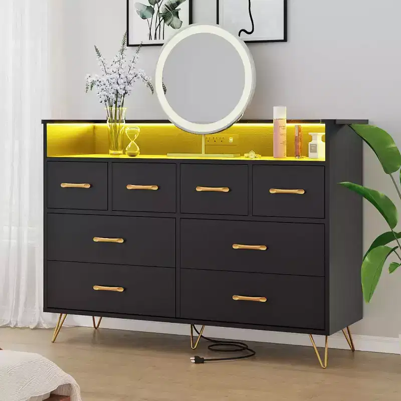 Dresser TV Stand, Dresser for Bedroom w/LED Light & Charging Station Entertainment Center with Storage 8 Drawers Wooden Dressers w/Open Space