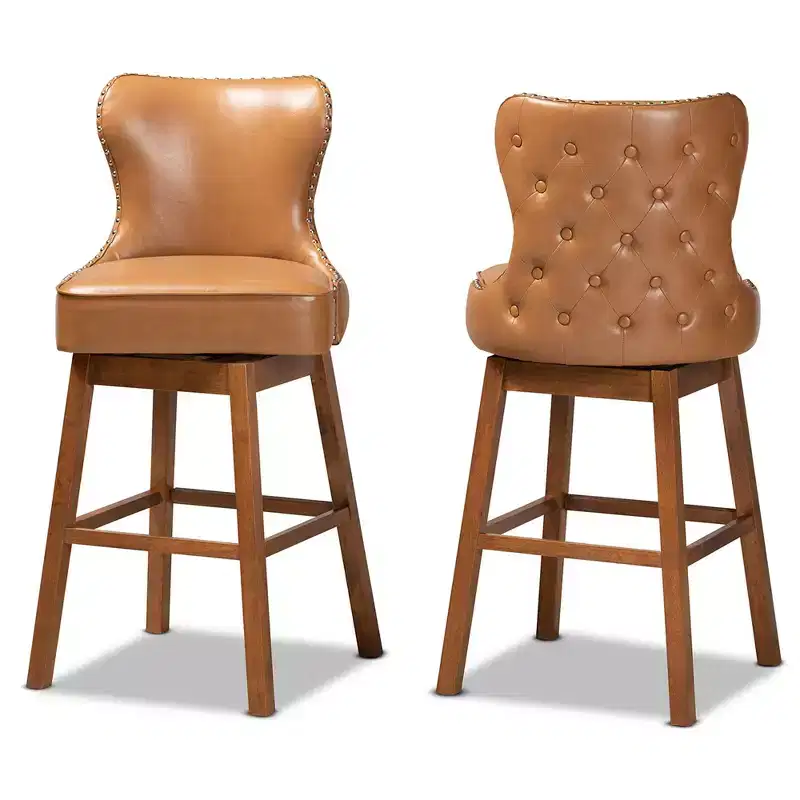 2pc  Tan Wood Swivel Barstool Set Brown - : Upholstered, Nailhead Trim, Rectangle Shape