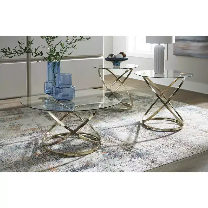 Signature Design by Ashley Crimonti 3-Piece Glass Coffee Table Set with End Tables - Champagne Gold Finish
