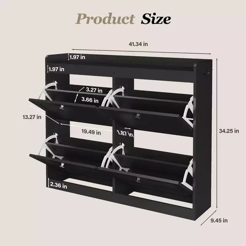 Large shoe cabinet with 4 flip-top drawers, hooks, and storage spacea hidden shoe storage solution for entryways, hallways, and living rooms.