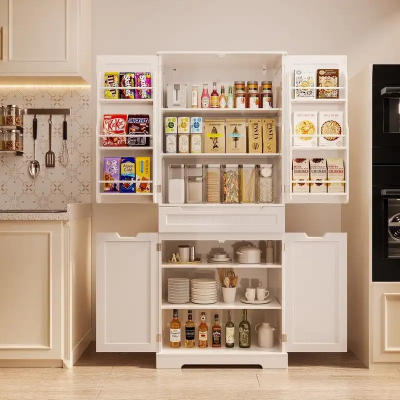 71 Freestanding Modern 4 Doors Kitchen Storage Pantry Cabinet with Shelves and Drawers Tall Kitchen Storage Cabinet Organizer