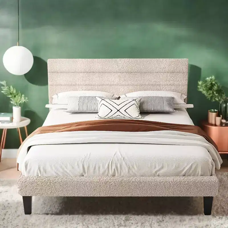 VINGLI Upholstered Bed Frame with Boucle Adjustable Headboard,Cozy Low Profile Platform Bed with Wooden Slats,Cream,Noise Free,Beige