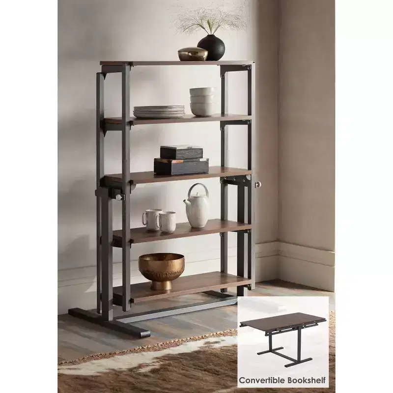 55 Downing Street Walnut and Gray Convertible Bookshelf Dining Table