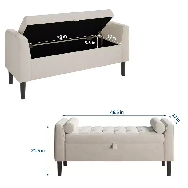 46.5 Button-Tufted Storage Ottoman Bench w/ Rolled Arms & Vintage Rivets, Upholstered End of Bed Bench & Shoe Storage for Bedroom & Entryway