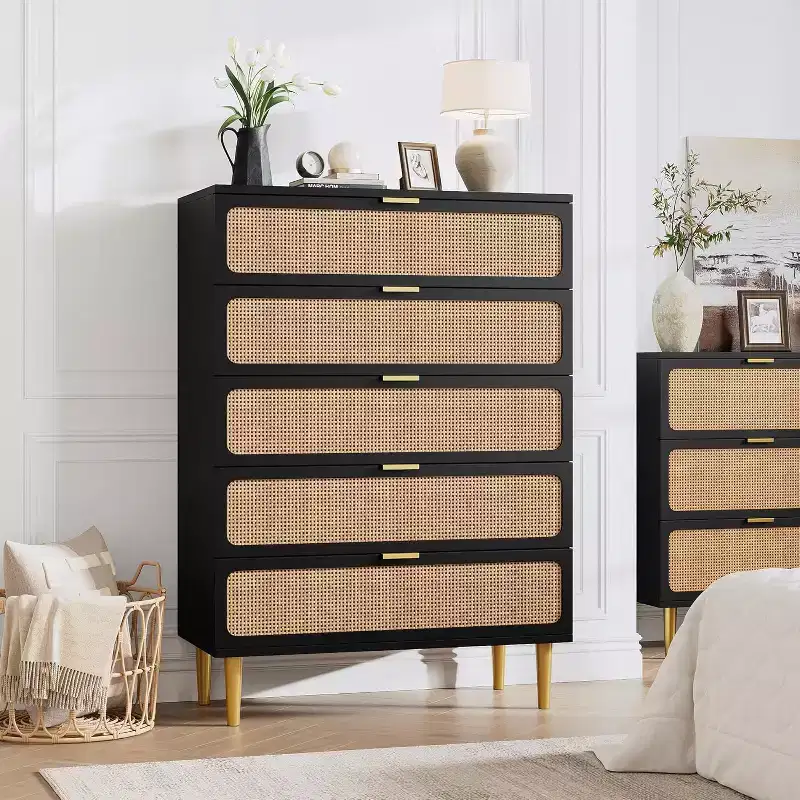 Rattan 5-Drawer Tall Dresser with Wide Top – Natural Wood Finish