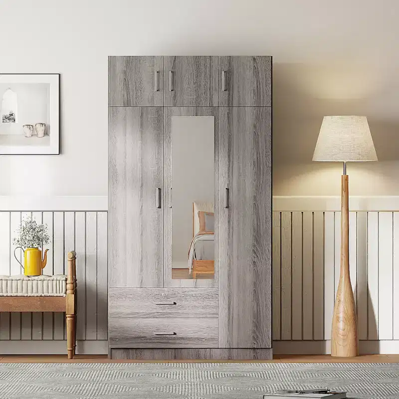 Wood 3-Door Wooden Wardrobe Armoire with Mirror, 2-Drawers, Shelves, Hanging Rod and Top Cabinet