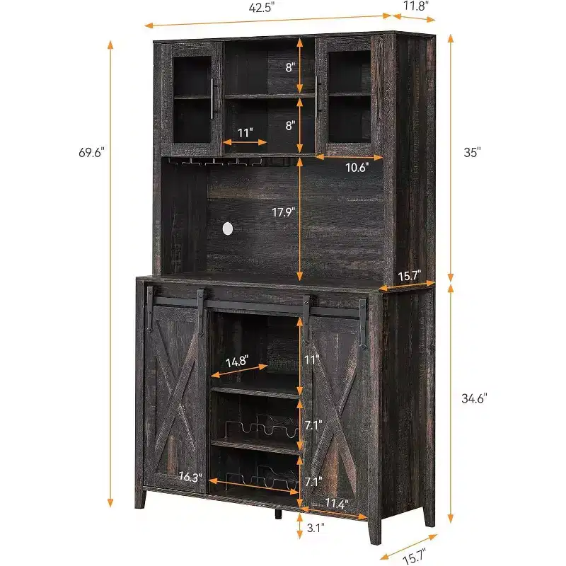 Acekool 70 Wine Bar Cabinet with Storage Hutch, Sliding Barn Doors, Adjustable Shelves, Glass Racks, Burnt Color