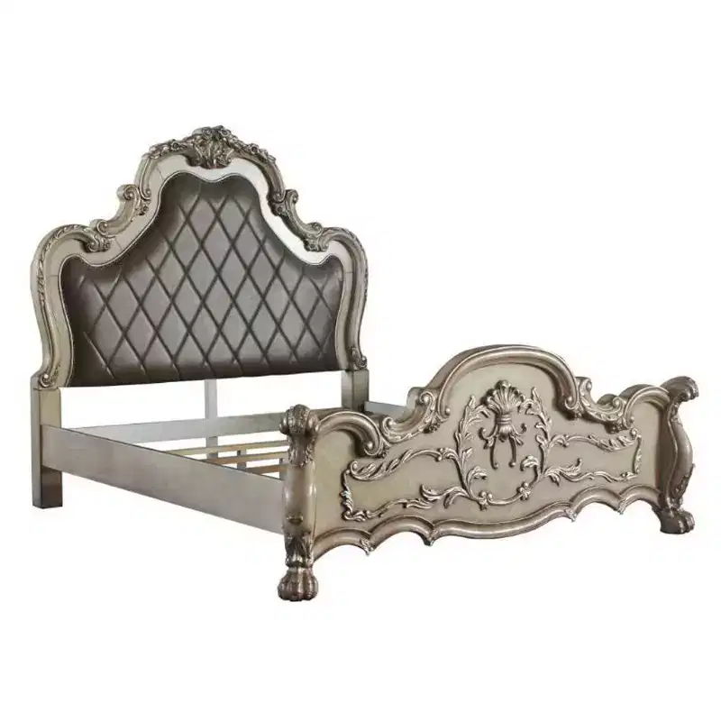 Queen Platform Bed Synthetic Leather Upholstered Headboard Vintage Bone White Finish