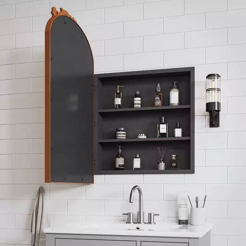 30 x 19.7 Vintage Bathroom Medicine Cabinet Metal Carved Wall-Mounted Decorative Vanity Mirror with Storage in Golden