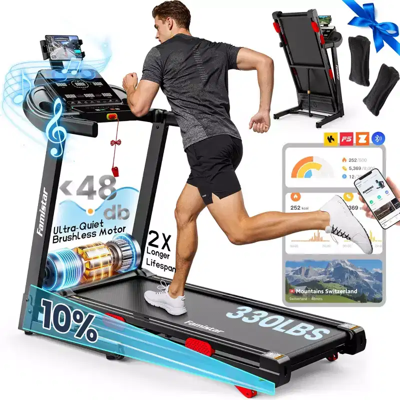 Folding Treadmill with 10% Incline for Home, Quiet Brushless Motor, 330 lb Capacity, App Control
