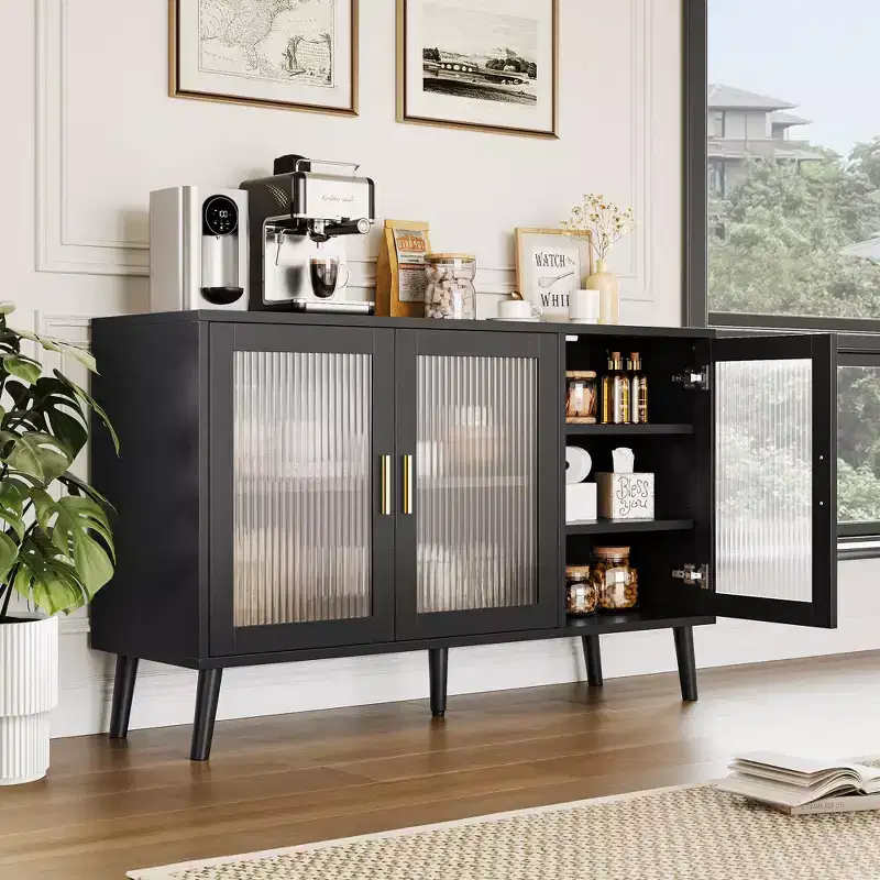 Black Sideboard Buffet Cabinet with Storage, Buffet Cabinet with Fluted Glass Door and Drawers, Sideboard